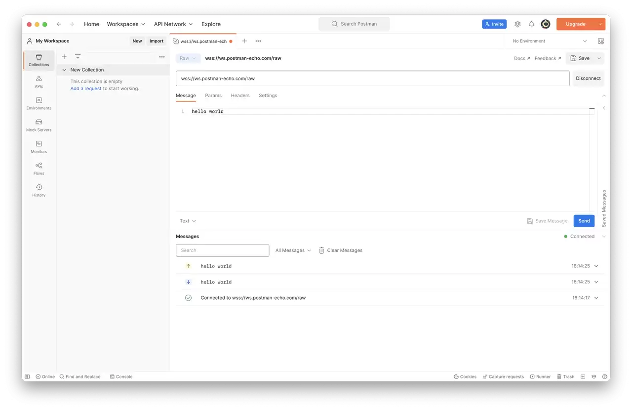 Postman 调试 WebSocket 接口示意图