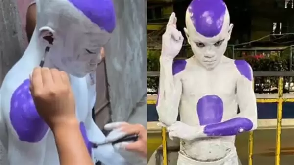 国外小孩cosplay《龙珠》弗利萨翻车 用成墙面漆洗不掉成永久皮肤
