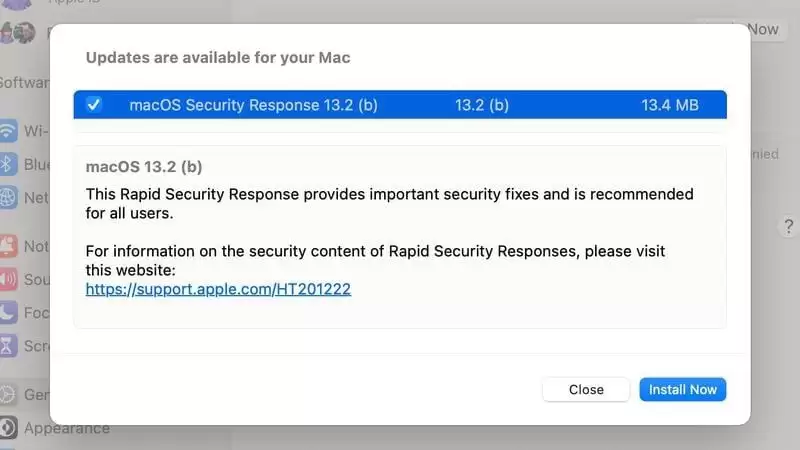苹果发布 macOS Ventura 测试版 13.2(b)快速安全响应更新