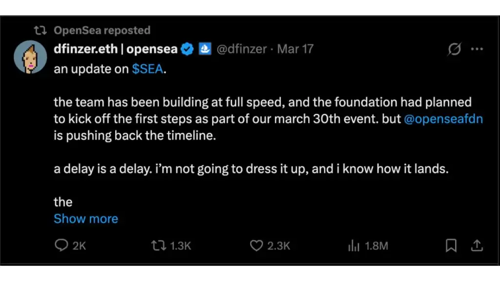 OpenSea因NFT市场疲软被迫调整战略，推迟SEA代币发行