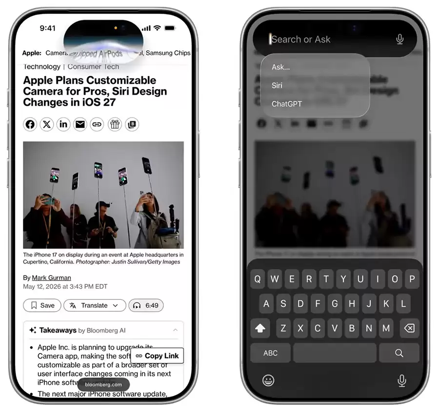 iOS 27 Siri界面前瞻：搬进灵动岛，通知中心挪到左上角，相机也升级了