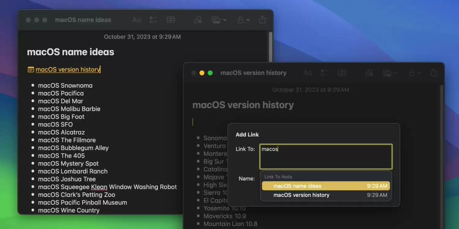 苹果 macOS Sonoma备忘录 Notes链接到应用中其它笔记的教程