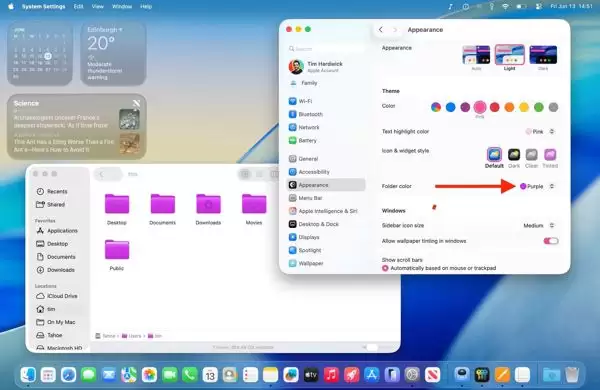 苹果macOS 26 Tahoe主题功能大升级:可定制图标/高亮文本/文件夹颜色