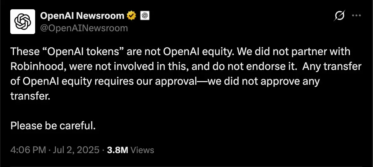 OpenAI关于Robinhood代币化股权声明的官方回应