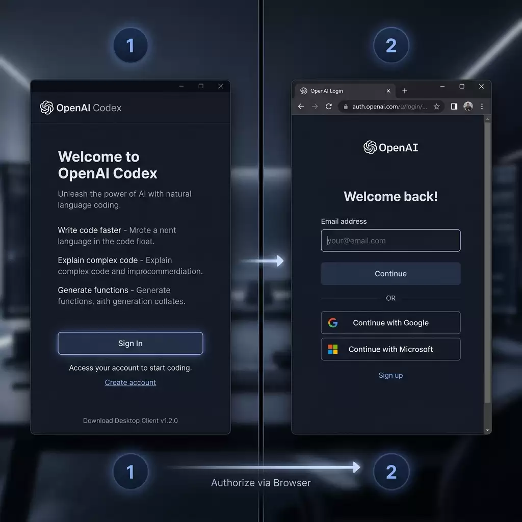图⑤：Codex 登录及浏览器弹出 OpenAI 登录页