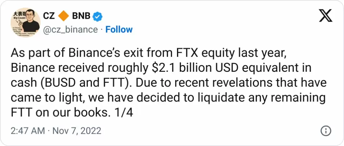 币安（Binance）创始人赵长鹏寻求驳回18亿美元FTX诉讼
