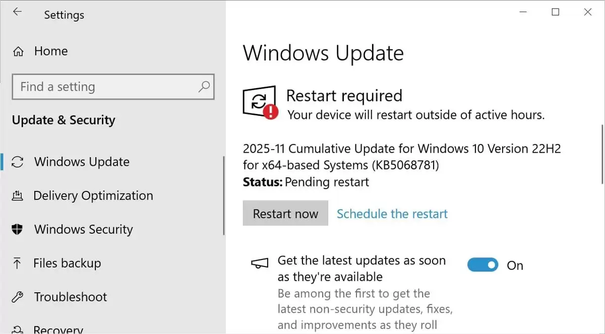 Win10首个扩展安全更新KB5068781存在安装报错故障: 错误代码0x800f0922