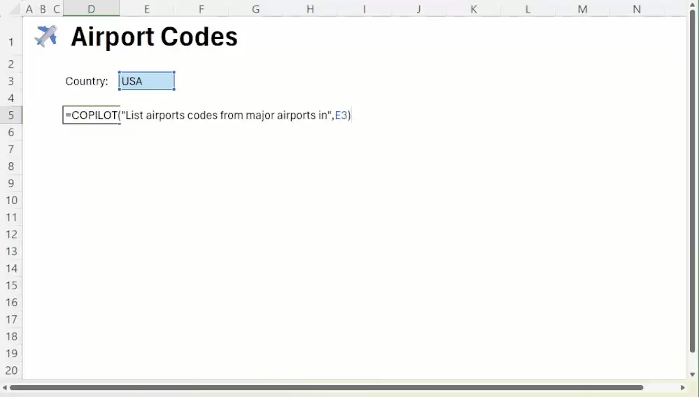 A moving image of the COPILOT function in Microsoft Excel pulling airport codes from major airports in the USA into a column.