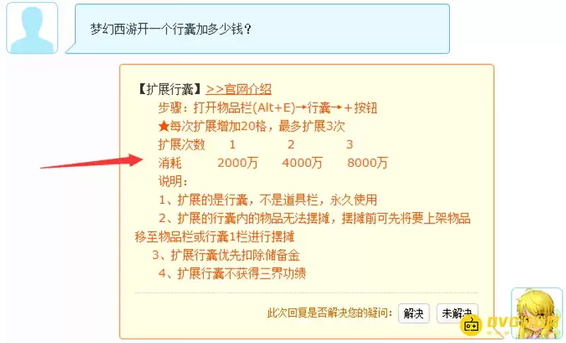 《梦幻西游》行囊扩展费用