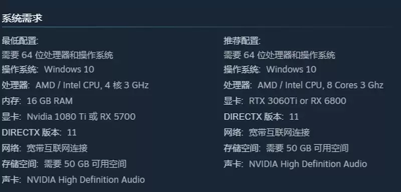《零度空间》PC配置需求公布 3060Ti就能爽玩