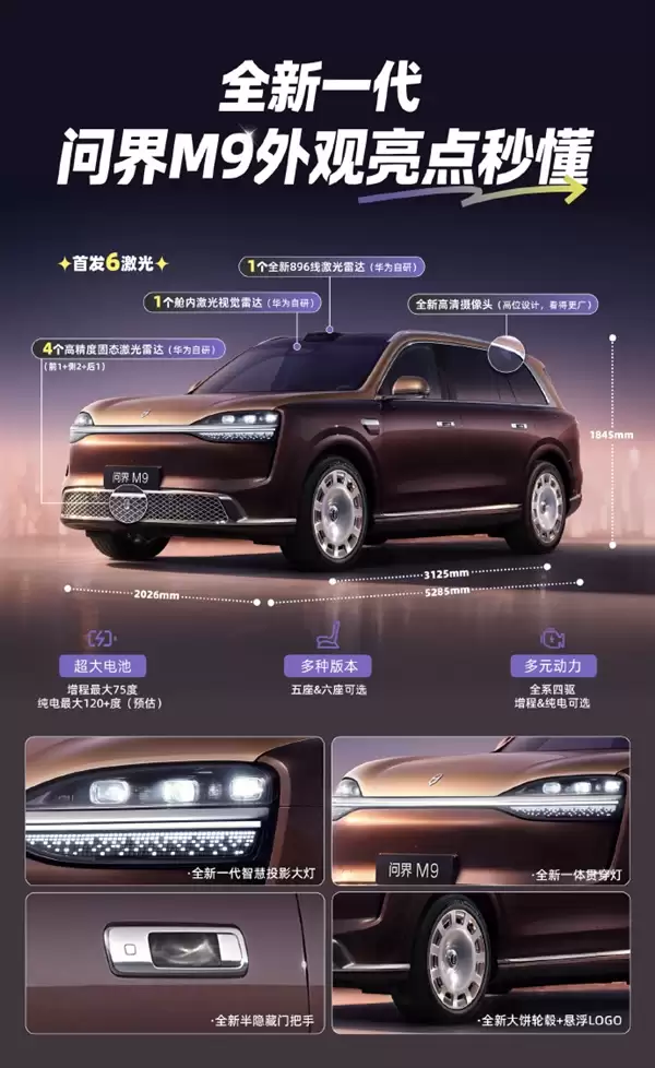 首发6颗激光雷达！新款问界M9官图发布：尺寸全面提升