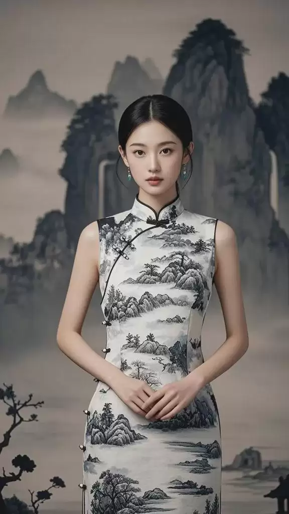 AI绘画攻略,用AI生成穿水墨山水旗袍和青花瓷旗袍的人像写真照片
