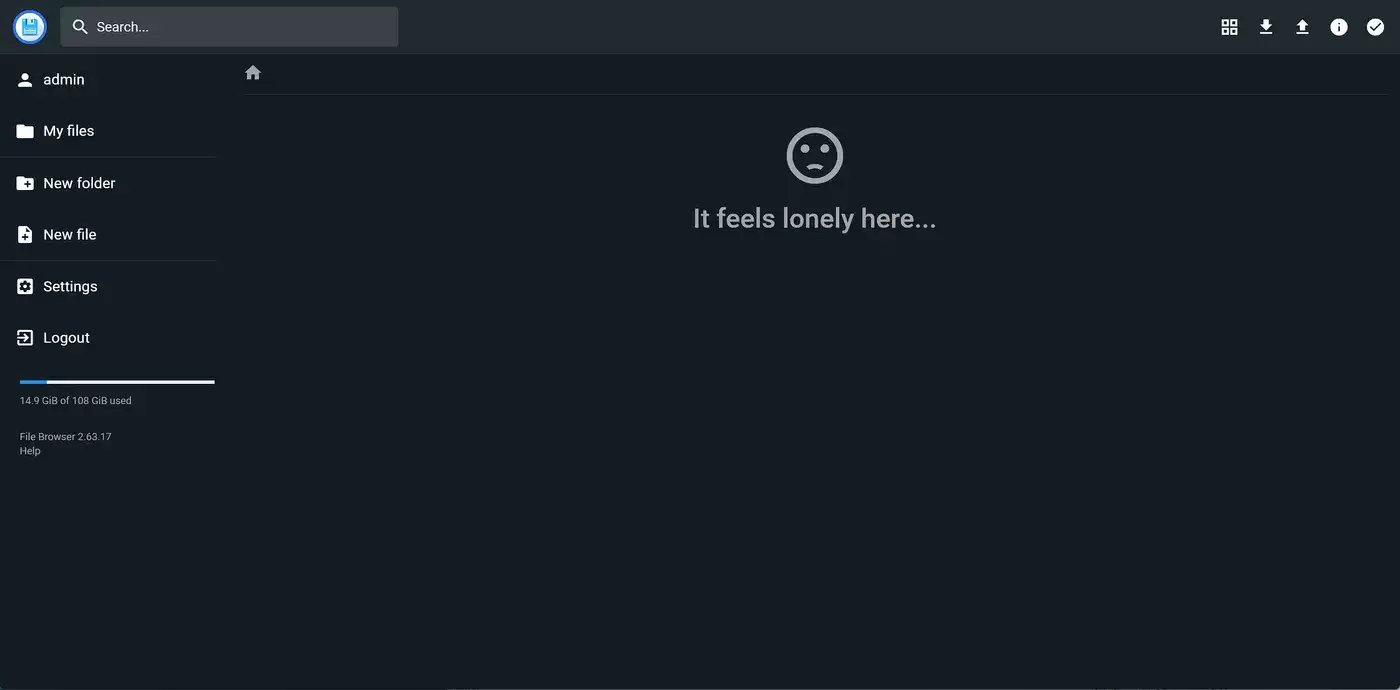 File Browser 登录后主界面:空目录与左侧导航,版本 2.63.17
