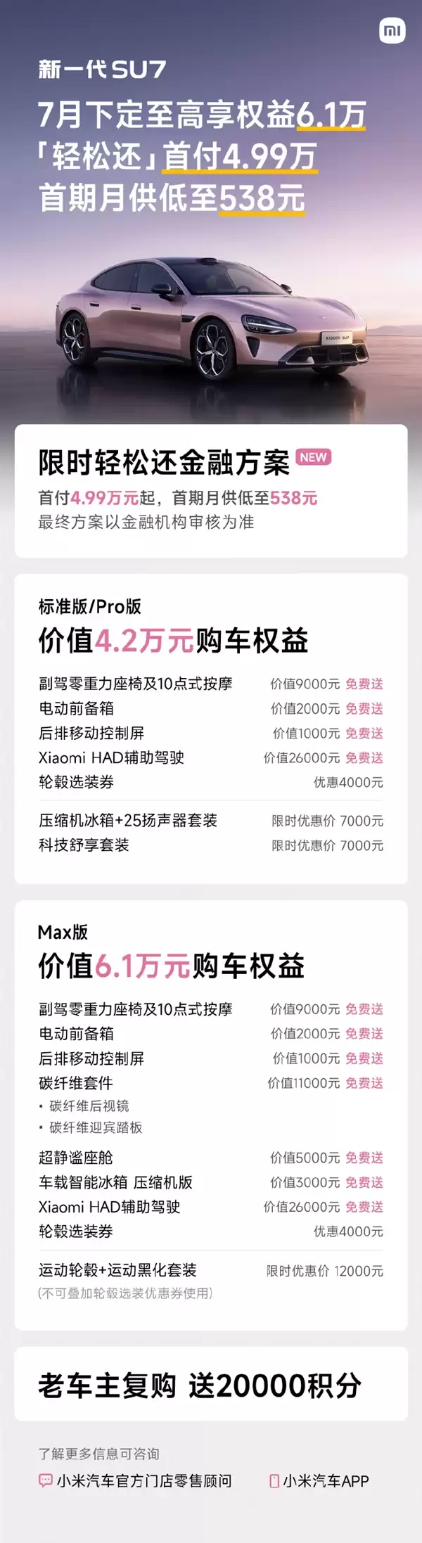 小米SU7新分期上线:首付4.99万 月供低至108元