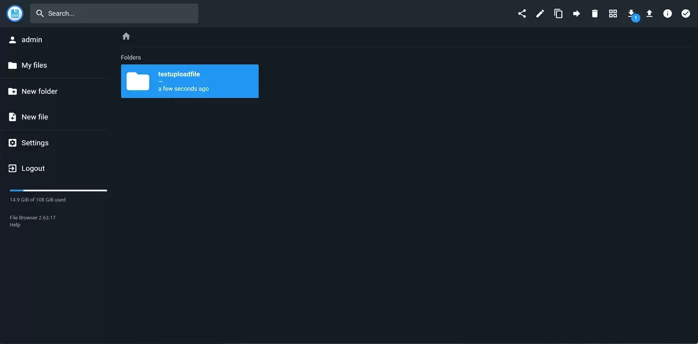 File Browser 根目录:Folders 区域显示 testuploadfile 文件夹