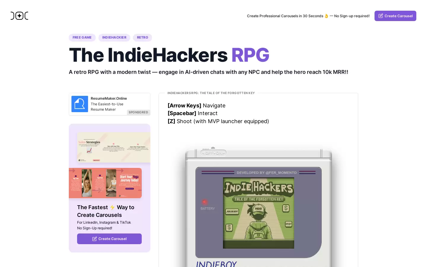 IndieHackers RPG : 模仿经典RPG的独立黑客主题游戏