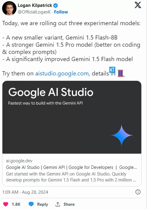 谷歌发布 3 款 Gemini 实验 AI模型:1.5 Pro 冲榜第二、1.5 Flash 从第 23 蹿升至第 6