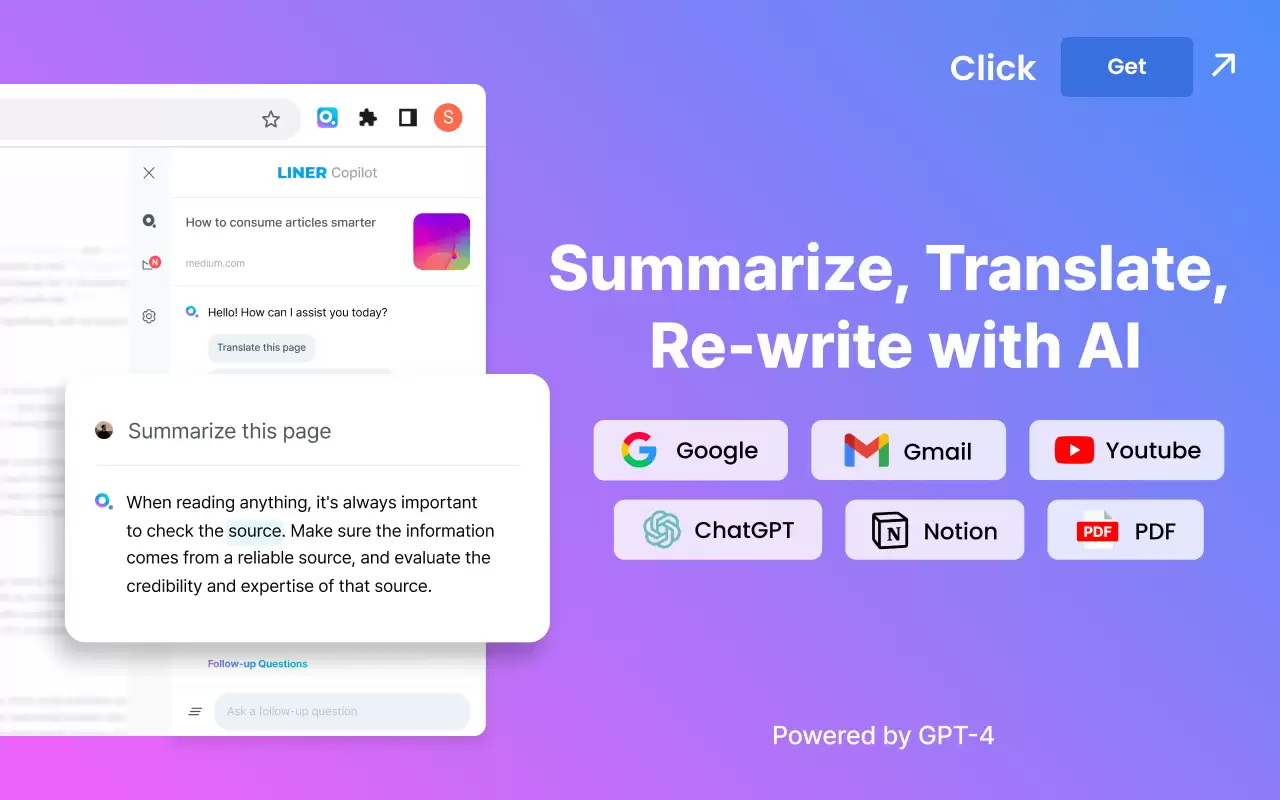 LINER: ChatGPT AI Copilot for Web&YouTube&PDF : 在网页、YouTube和PDF上使用ChatGPT AI Copilot