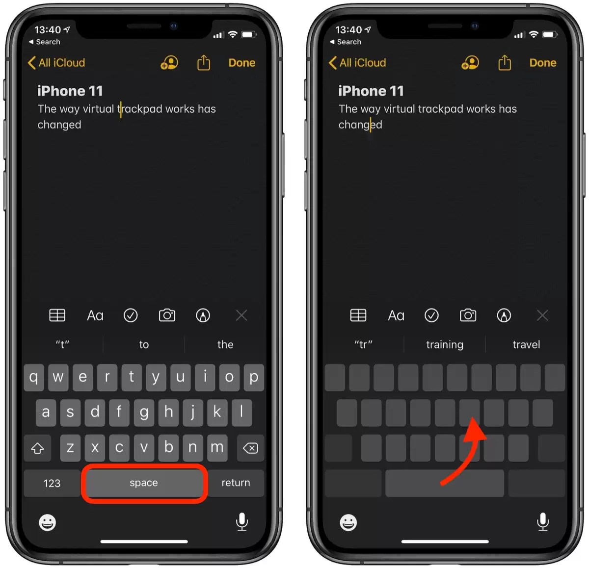 如何在 iPhone 11 系列机型上使用虚拟触控板快速移动光标？