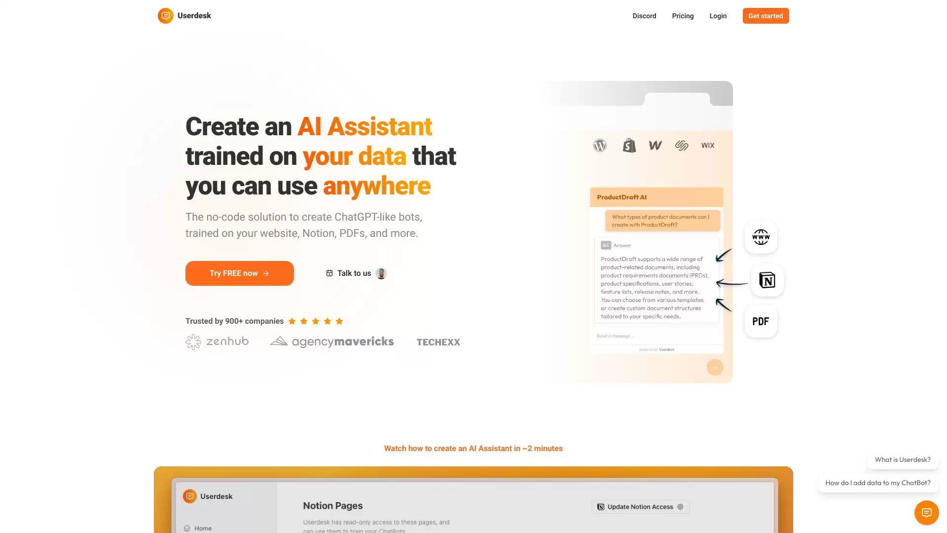 Userdesk : 快速构建基于您的数据训练的AI ChatBot