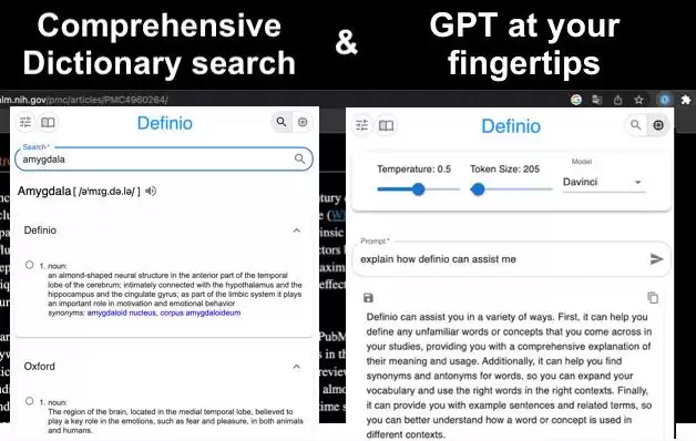 Definio: GPT Sidebar, Vocabulary & Learning : 在一个地方使用ChatGPT进行任何网站的搜索，查找字典，记笔记和学习