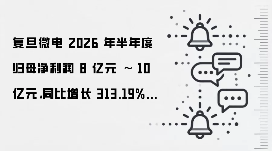 复旦微电 2026 年半年度归母净利润 8 亿元 ~ 10 亿元,同比增长 313.19%~416.49%