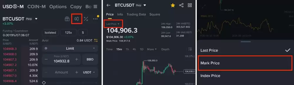 币安切换最新价格到标记价格的移动端操作示例