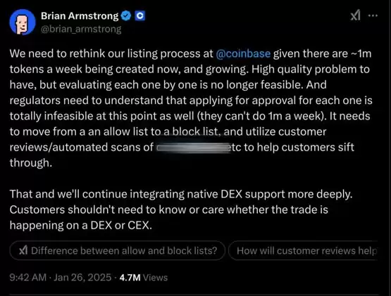 Coinbase CEO Brian Armstrong 宣布上币流程重大调整