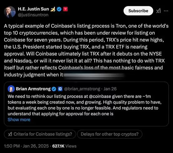 孙宇晨再次与Coinbase CEO针锋相对