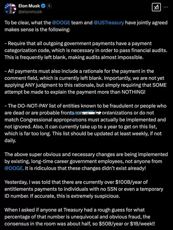 马斯克DOGE已帮美国省下367亿美元！Coinbase CEO：财政收支必须上链