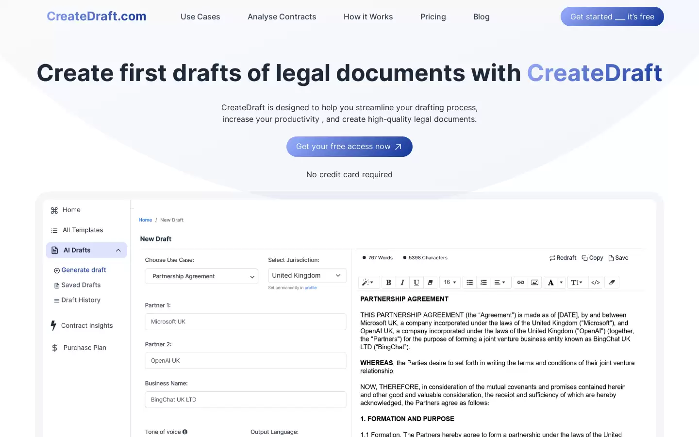 CreateDraft : 创建法律文件的首选草稿工具