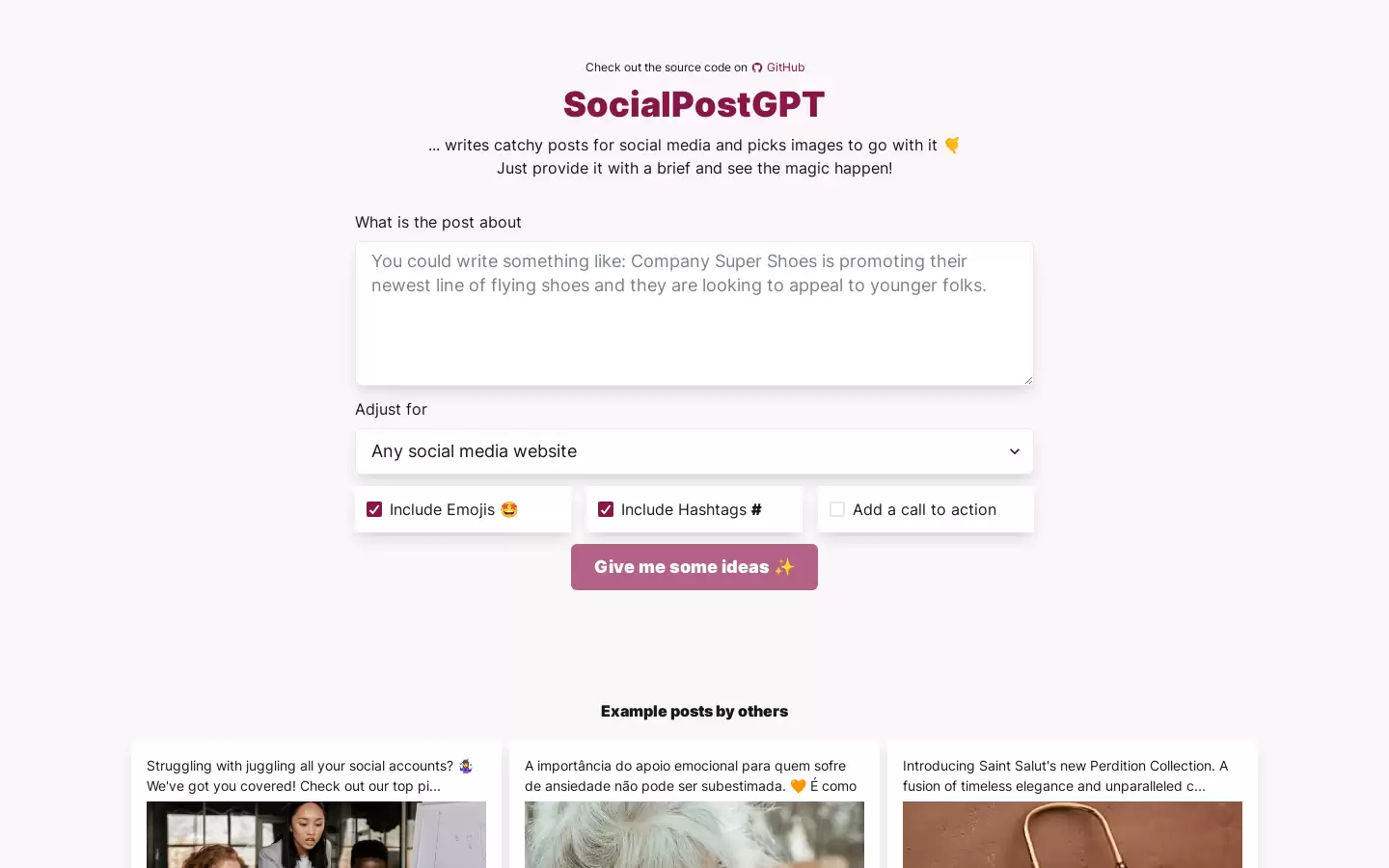 SocialPostGPT : 社交媒体帖子生成器