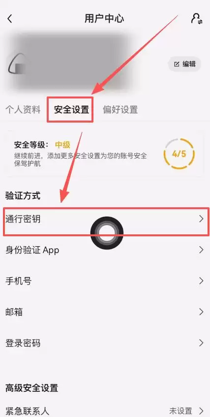 安全设置中的通行密钥选项