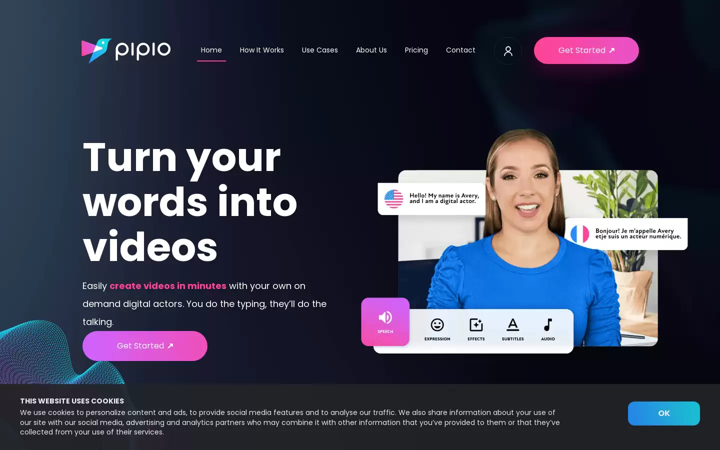 Pipio : 在几分钟内使用自己生成的AI演员和配音创建高质量视频。