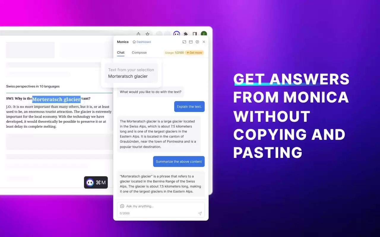 Monica - Your AI Copilot powered by ChatGPT : 智能助手，回答问题，写邮件，阅读文章，智能搜索