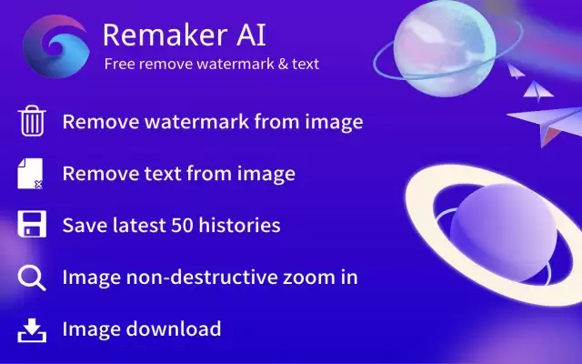 Remaker AI - Free remove watermark & text : Remaker AI可以帮助您在几秒钟内从任何图像中去除水印和文本。