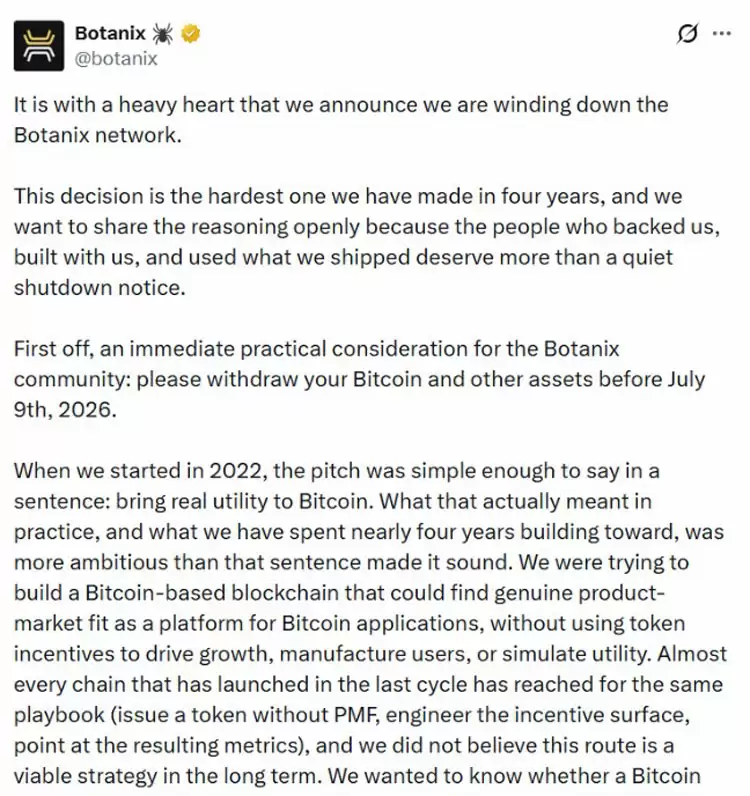 比特币DeFi需求不足,Botanix四年后关停