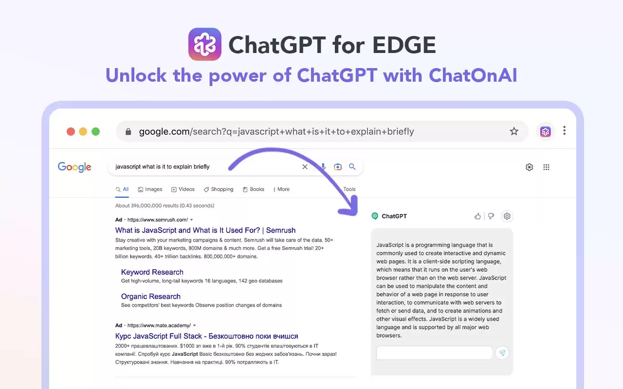 AI ChatGPT Search Engine - GPT for Edge : 同时在搜索引擎结果和弹出窗口中展示 ChatGPT 的回答