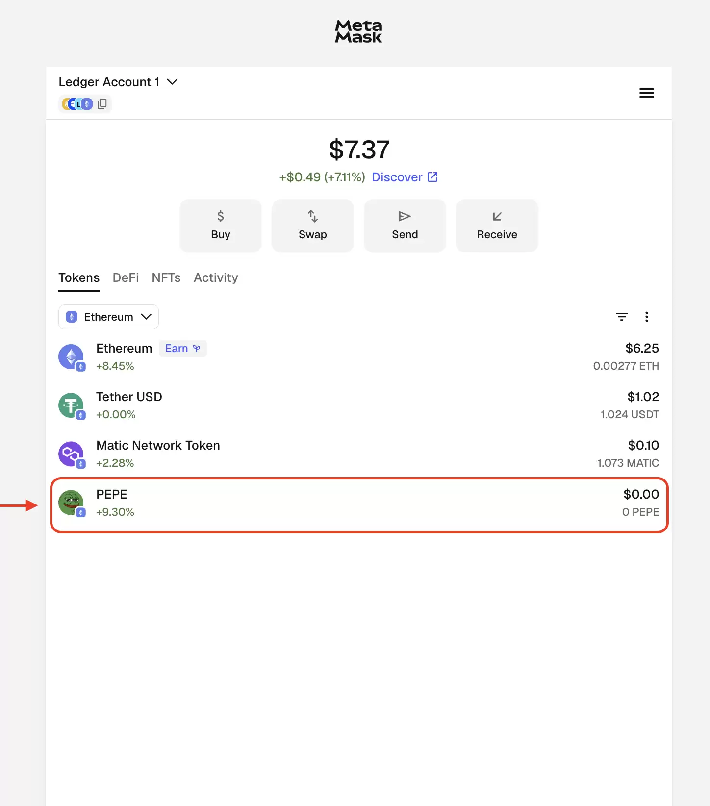 代币成功添加到 MetaMask 资产列表的效果