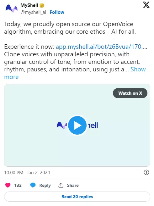 MyShell发布开源AI语音克隆工具OpenVoice，瞄准语音模仿领域