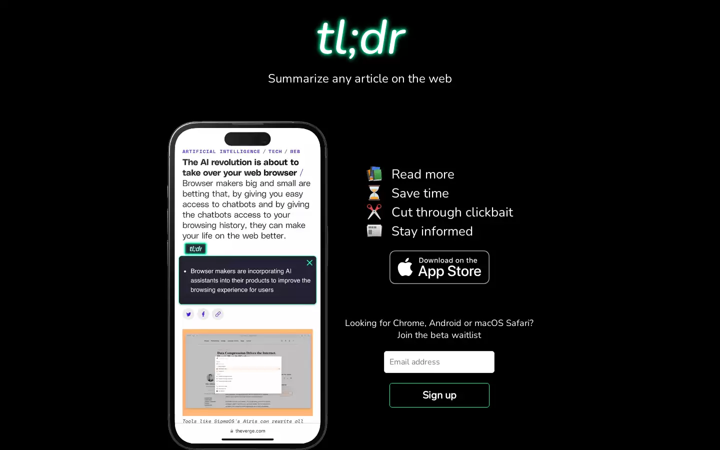 Tldr AI Summarizer : 你的智能阅读伴侣，即时摘要网页文章，节省时间，保持信息更新。