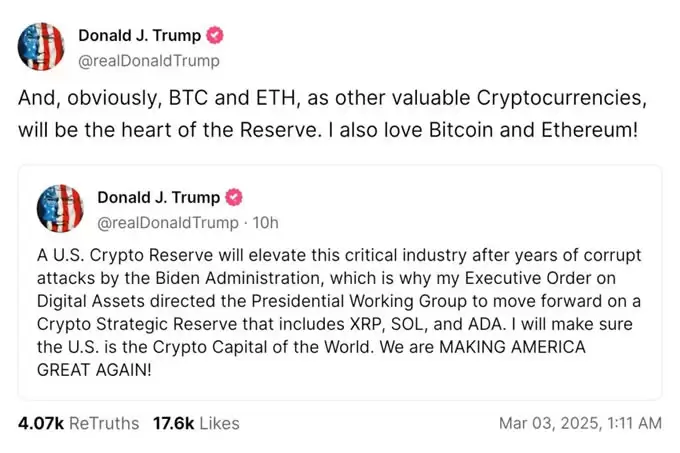 特朗普点燃市场!比特币攀高9.5万、以太坊突破2400美元 XRP、SOL和ADA涨幅惊人
