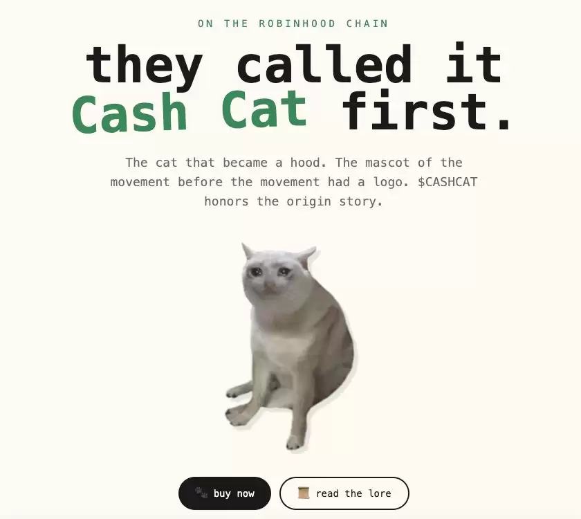 Robinhood 链第一个爆款 Meme 猫：CashCat，CEO 下场玩梗