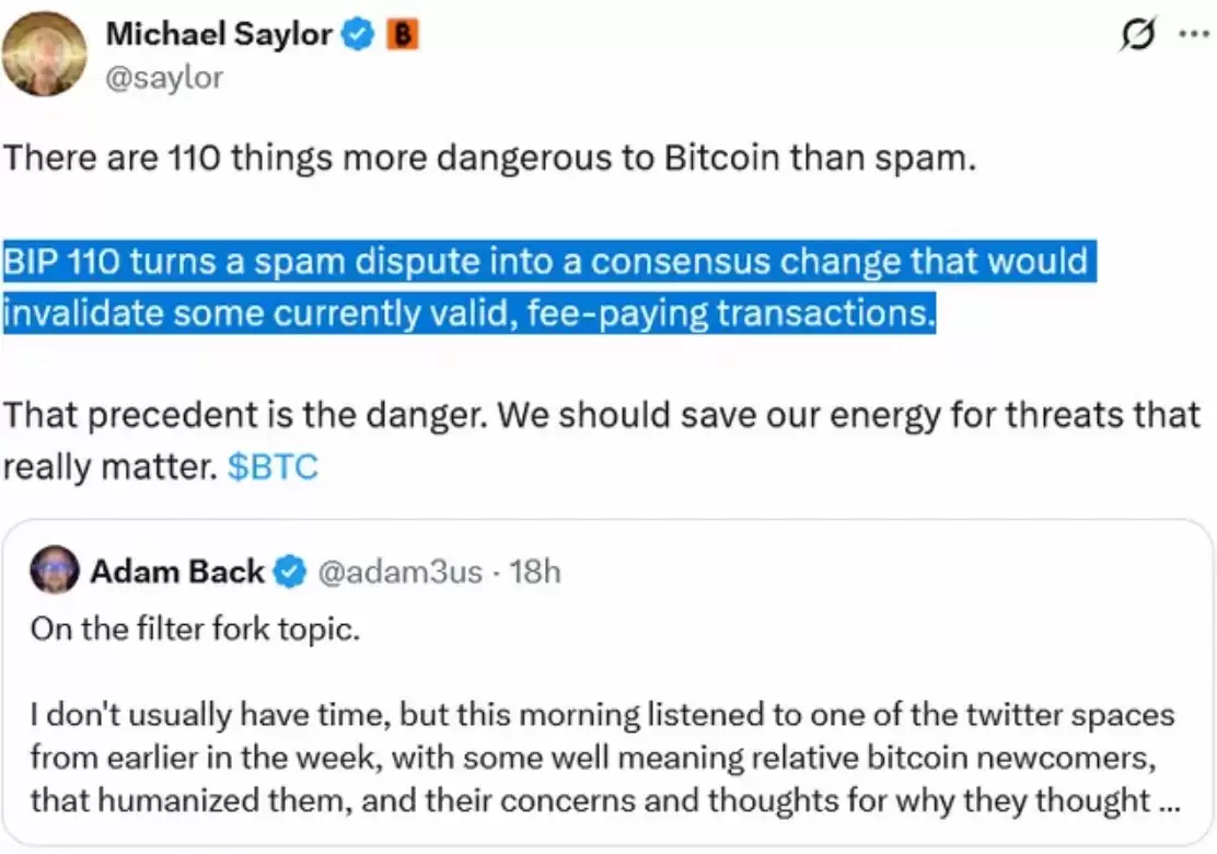 Saylor 在社交媒体上批评 BIP-110 可能影响普通交易