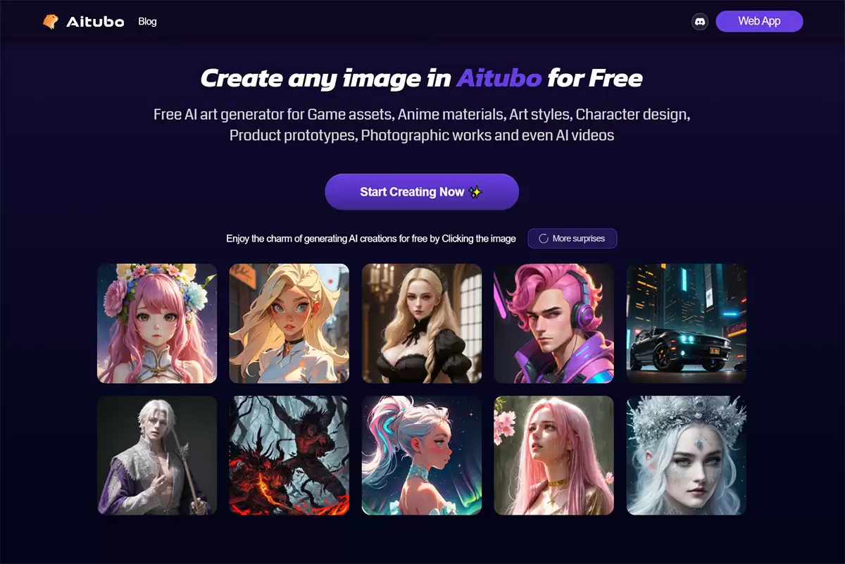 Aitubo.ai官网-aitubo.ai是一个免费的AI艺术生成器网站,你可以用Aitubo.ai来创建各种图像、游戏素材、动漫素材、艺术风格、角色设计、产品原型、摄影作品,甚至AI视频