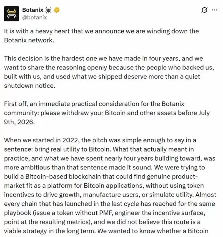 比特币DeFi疲软,Botanix四年关停
