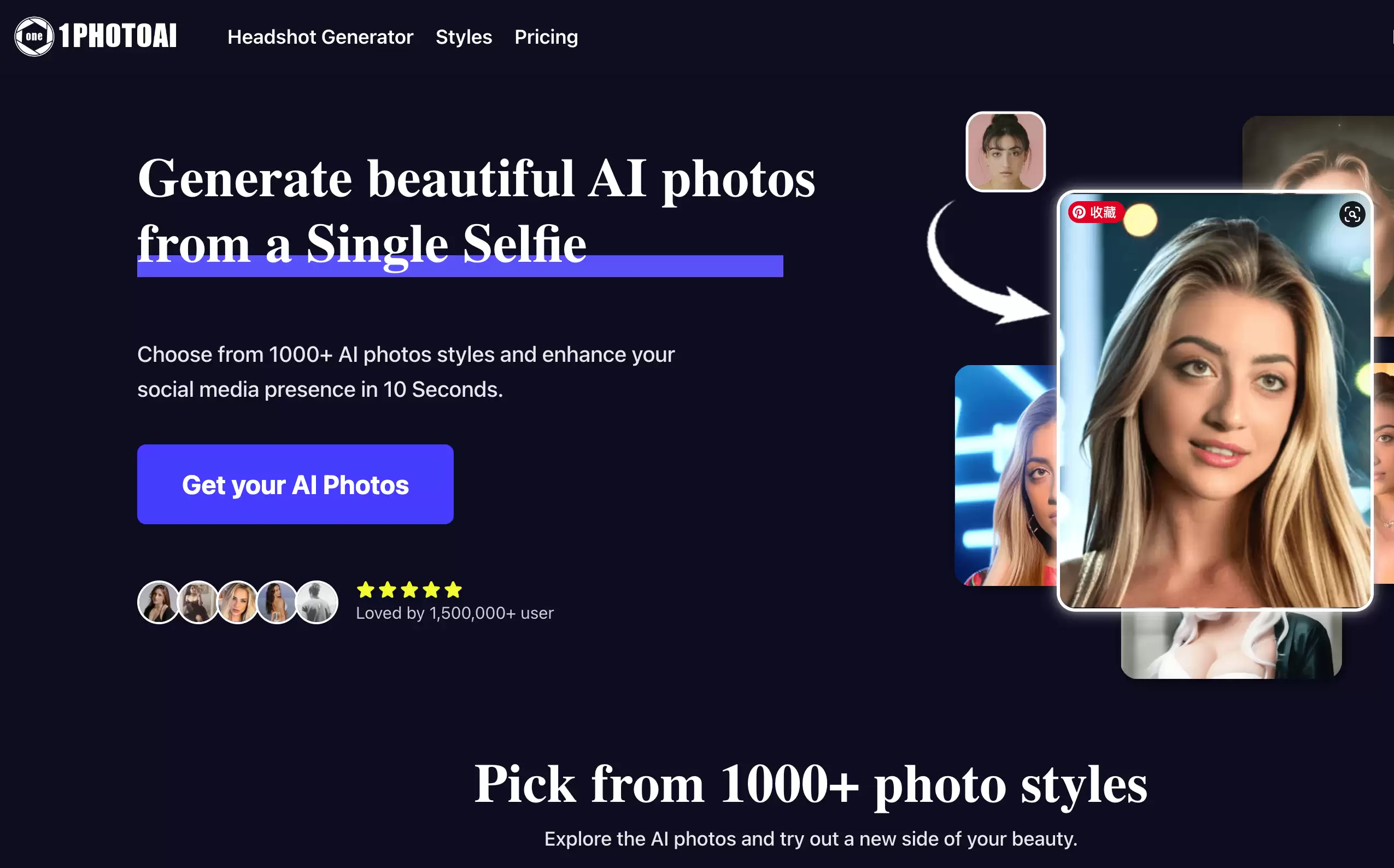 1PhotoAI : AI人工智能照片生成器,10秒内提供专业高质量头像