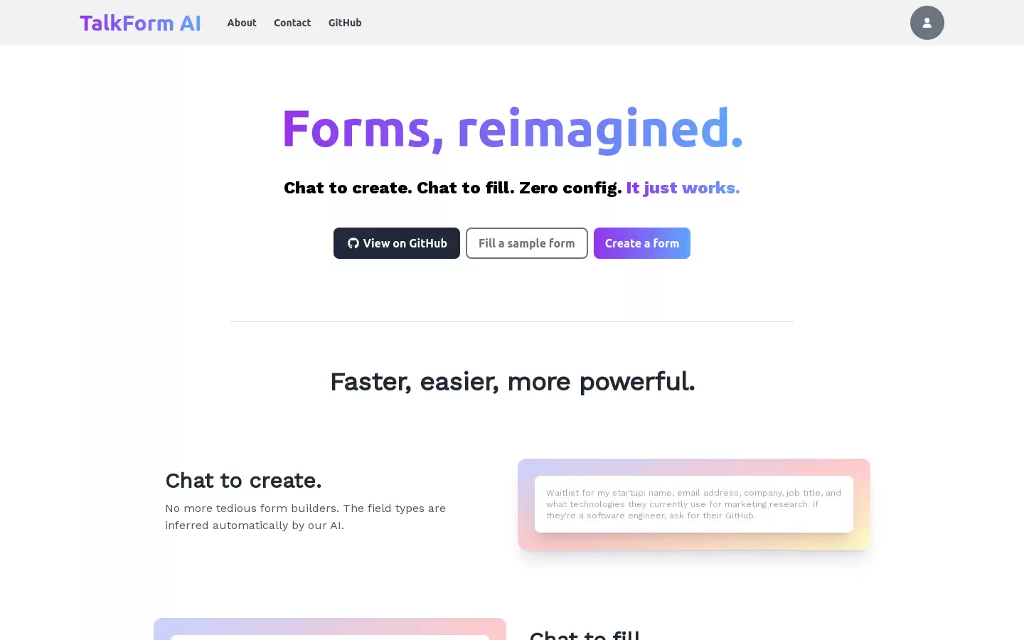 TalkForm AI : 聊天形式创建表单，填写表单，零配置，简单易用