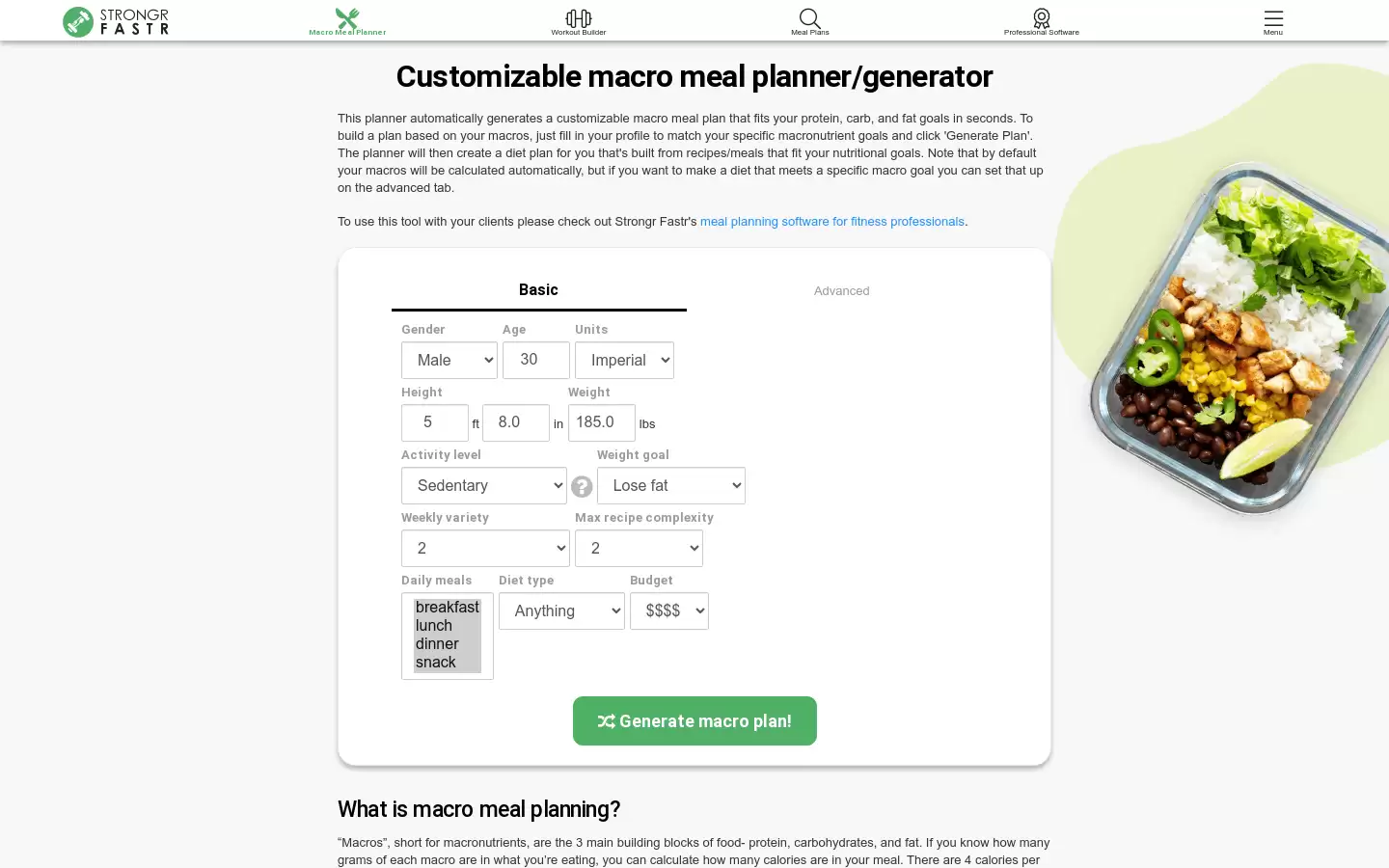 StrongrFastr : 自动生成符合个人宏营养需求的定制化餐计划