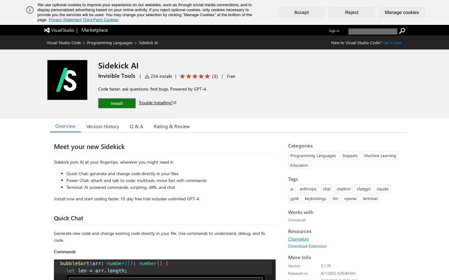 Sidekick : Visual Studio Code插件,基于GPT-4,帮助编程,提高效率。